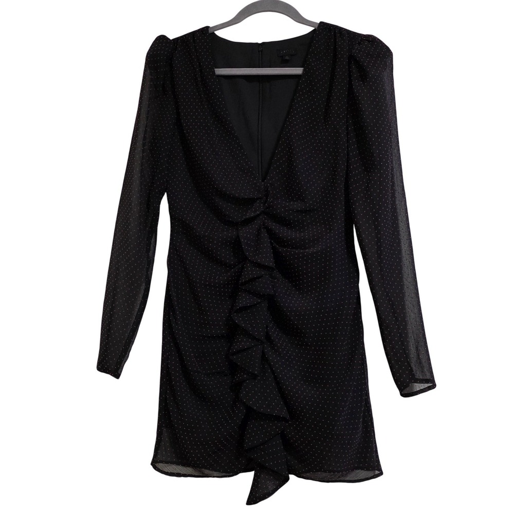 NBD Mini Dress Women Small Black Pink Micro Polka Dot Ruffle V-Neck Long Sleeve